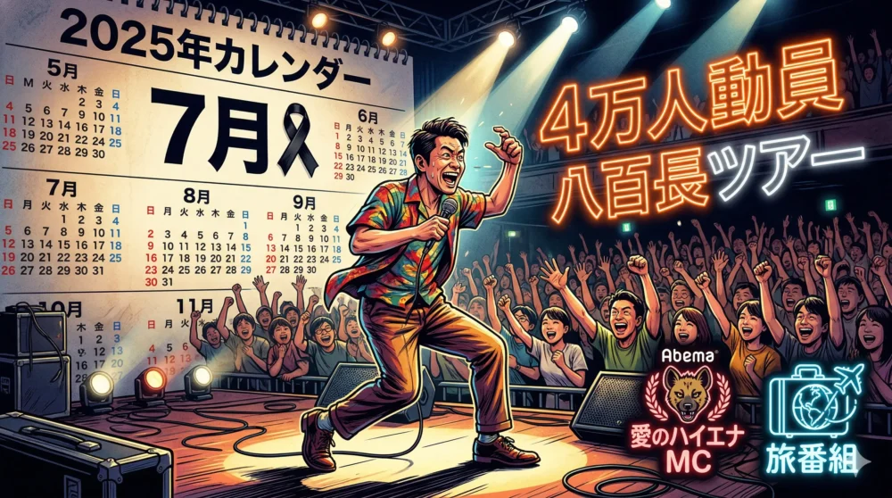 母を亡くした2025年、悲しみを抱えながら単独ライブツアー「八百長」で4万人を動員し、MCとしても活躍した東ブクロのイラスト。