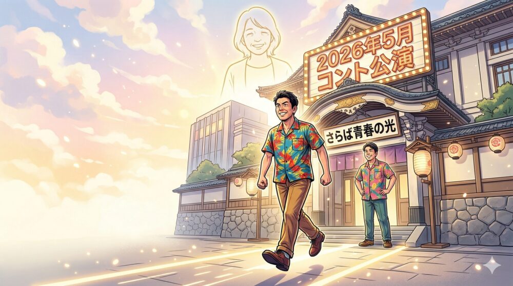 悲しみを乗り越え、2026年の新作コント公演やラジオ活動に向けて前進するさらば青春の光・東ブクロの希望に満ちたイラスト。