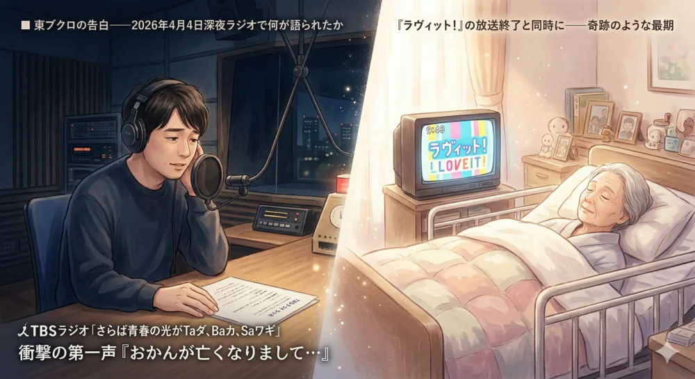 TBSラジオで母の死を告白する東ブクロと、「ラヴィット！」放送終了と同時に息を引き取った母の奇跡の瞬間を描いたイラスト。