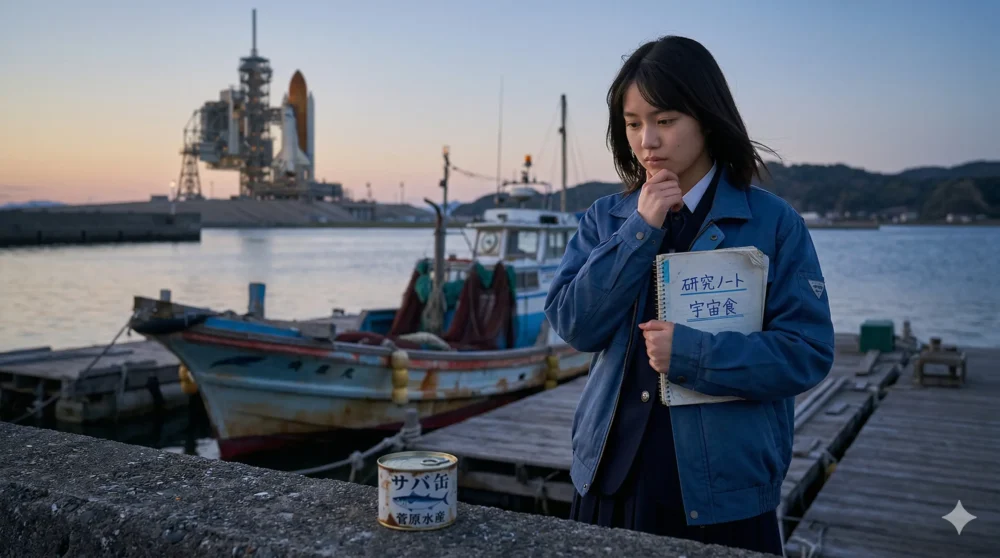 水産高校に通う女子生徒(菅原奈未役)が、港でサバ缶と向き合い、将来を想う様子