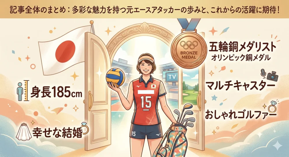 身長185cmの元女性バレーボール選手の多彩な魅力(バレー、キャスター、ゴルフ、結婚)をまとめたエンディングイラスト