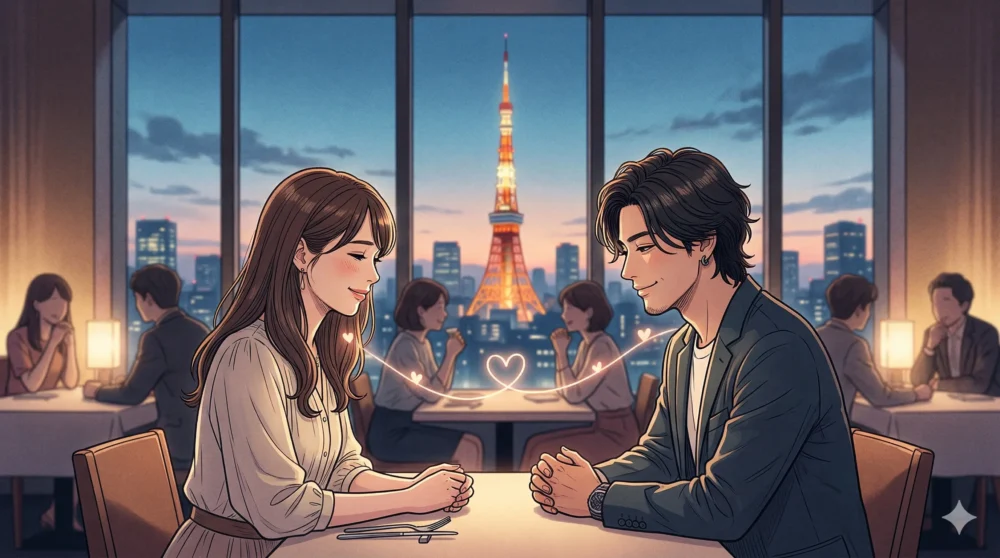 広瀬アリスと赤西仁の出会いと交際開始をイメージしたイラスト。レストランでの食事。