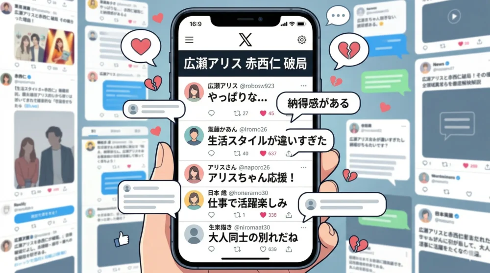 広瀬アリスと赤西仁の破局報道に対するネット・SNSの反応(納得、応援)をまとめたイラスト。