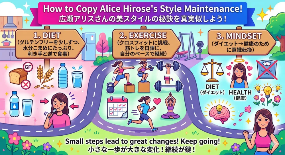 広瀬アリスの美スタイルの秘訣（身長、食事、トレーニング、マインド）をまとめたチェックリストのイラスト。