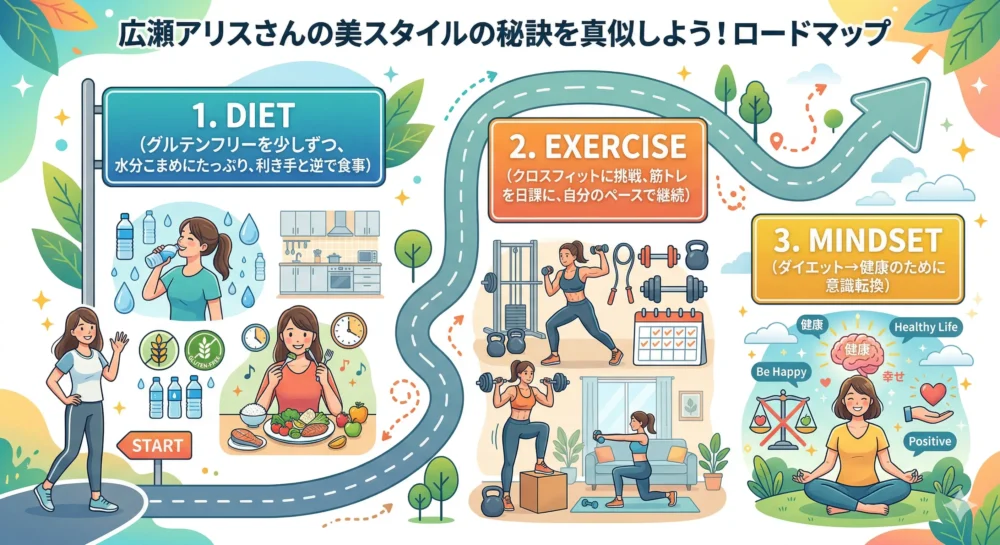 広瀬アリスのスタイル維持法を真似するための、食事、運動、マインド（健康のため）の実践ポイントをまとめたインフォグラフィック。