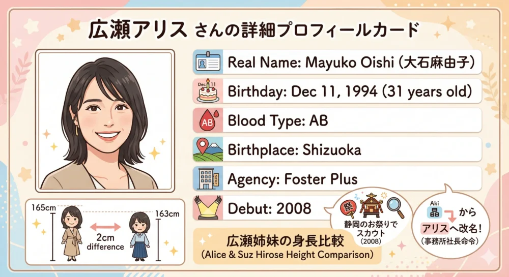 広瀬アリスの本名「大石麻由子」や生年月日などの基本情報をまとめたプロフィールカードのイラスト。