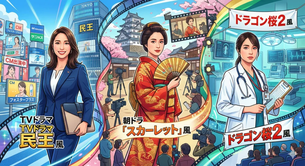 ドラマ、映画、CMで活躍する広瀬アリスの出演作品をイメージした、様々な役柄に変身している様子を描いたイラスト。