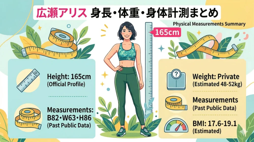 広瀬アリスの身長165cm、非公開の推定体重、過去公表のスリーサイズ（B82・W63・H86）をまとめたイラストのインフォグラフィック。