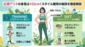 広瀬アリスの身長165cmと抜群のスタイルの維持法（トレーニングと食事）を解説したアイキャッチ画像のイラスト。タイトル「広瀬アリスの身長は165cm！スタイル維持の秘訣を徹底解説」。