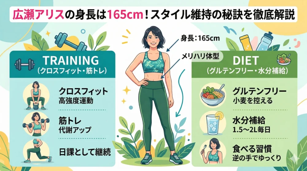 広瀬アリスの身長165cmと抜群のスタイルの維持法（トレーニングと食事）を解説したアイキャッチ画像のイラスト。タイトル「広瀬アリスの身長は165cm！スタイル維持の秘訣を徹底解説」。
