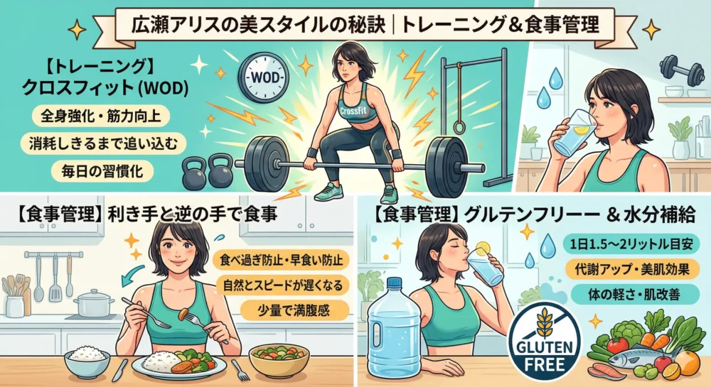 クロスフィットでバーベルを持ち上げ、逆手で食事をし、水を飲む広瀬アリスのスタイル維持の秘訣（トレーニングと食事管理）を描いたイラスト。