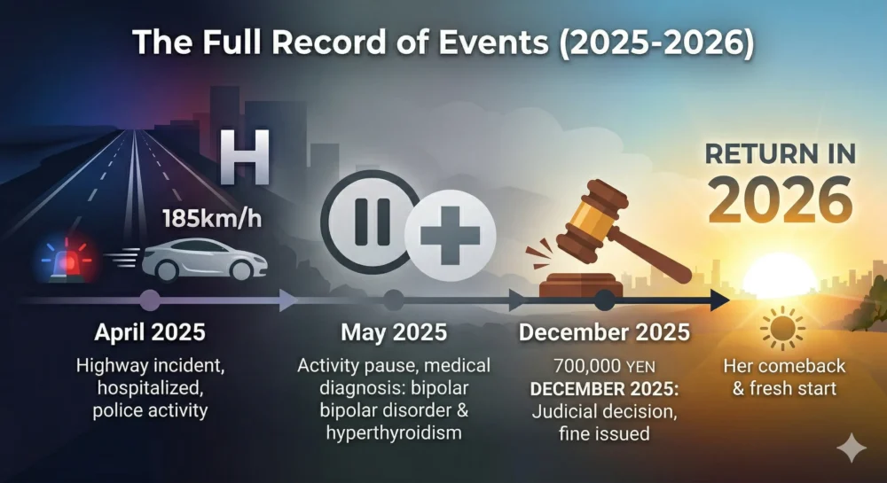 広末涼子の2025年の事故から略式起訴、病気公表までの出来事をまとめたインフォグラフィック風画像。
