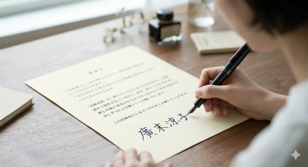 広末涼子の活動再開コメントに直筆署名をする様子。誠実さと新たな決意を示す。