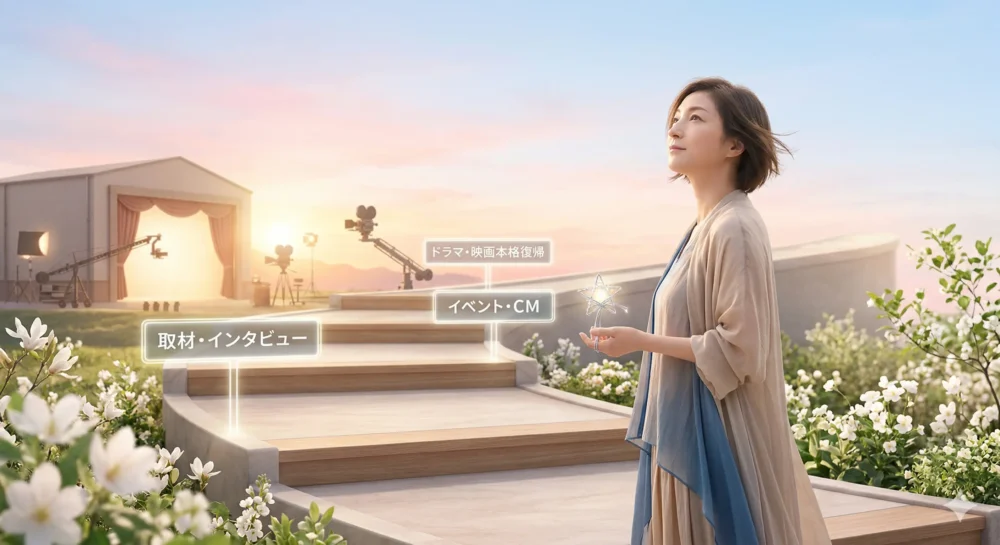 広末涼子の今後の活動展望。段階的な復帰ロードマップと注目ポイントを表現。