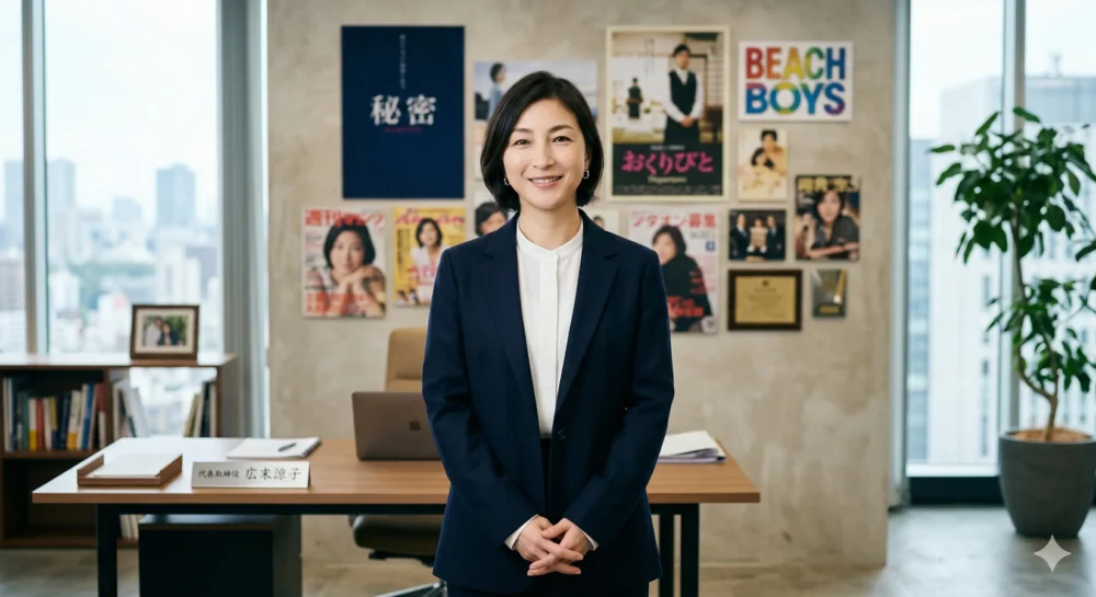 広末涼子のプロフィールを紹介する画像。国民的女優としてのキャリアと、独立した現在の姿を統合したポートレート。