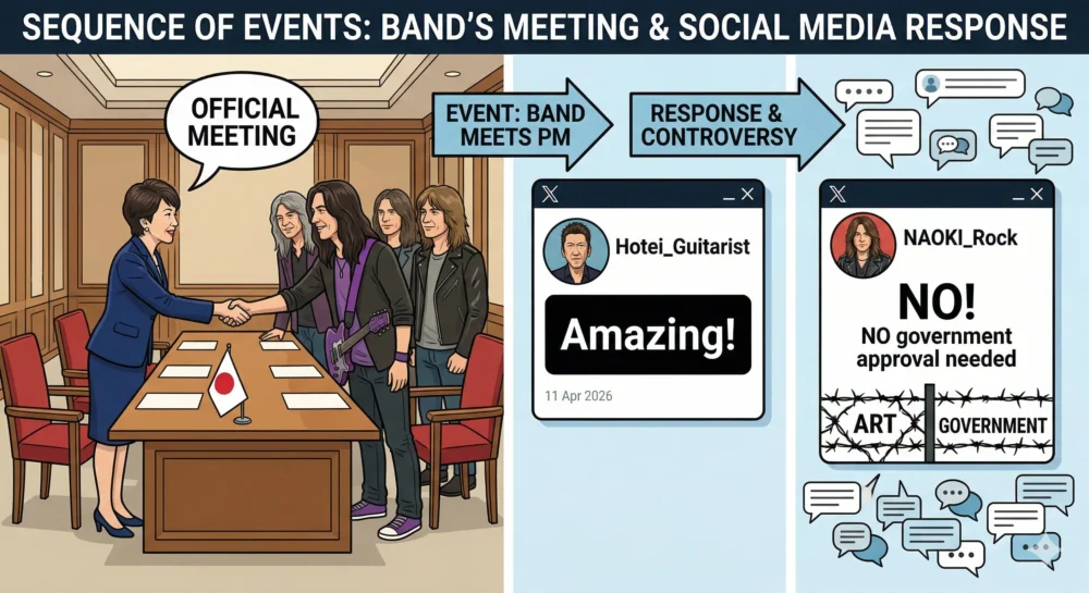 布袋寅泰の「首相×ロック」投稿炎上騒動の発端と経緯を整理したイラスト図解。ディープ・パープルと高市首相の面会からSNS上の議論まで。
