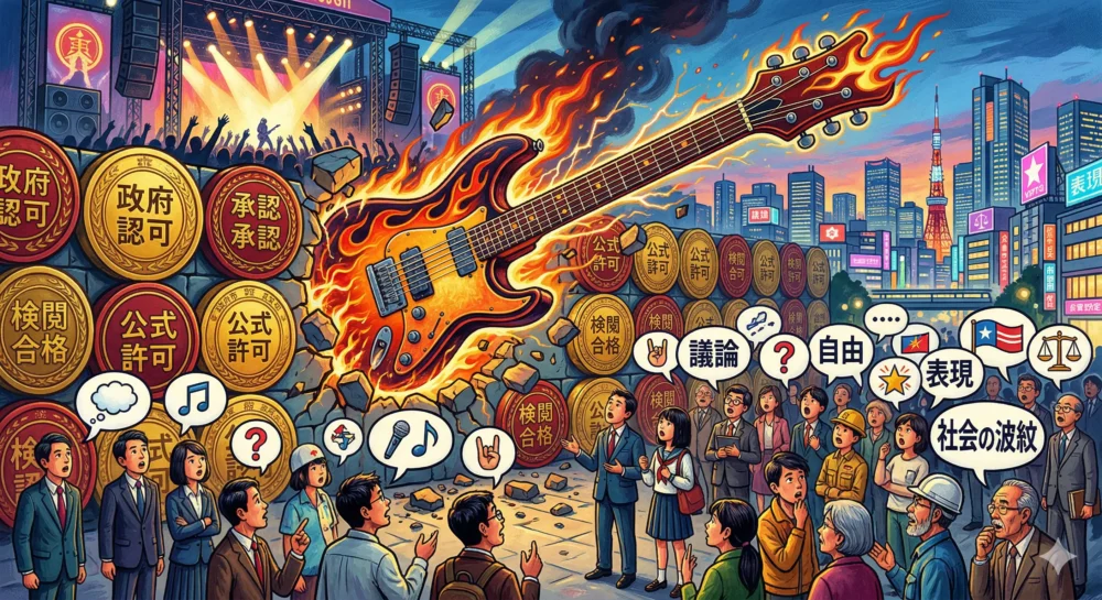 布袋寅泰の「首相×ロック」投稿炎上騒動が社会に問いかけるものをまとめたイラスト。