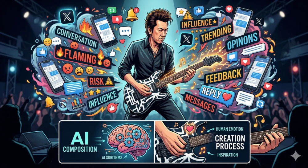 布袋寅泰のSNS炎上を通じて考える、現代の音楽人の発信責任と「ロック精神」、そしてAI作曲に対する姿勢のイラスト。