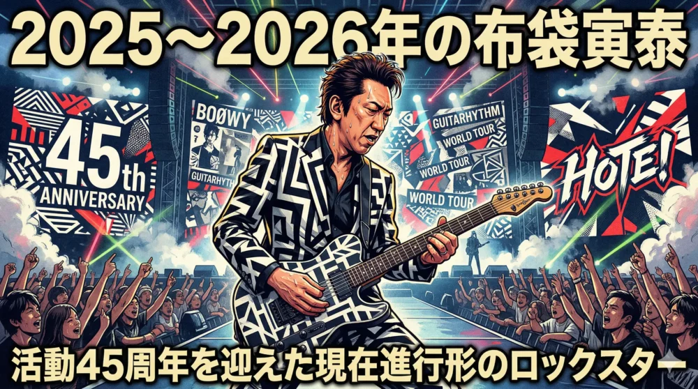 活動45周年を迎え、2025〜2026年も最前線で活躍する布袋寅泰に似たロックスターが、幾何学模様のギターでライブパフォーマンスをしているダイナミックなイラスト。巨大スクリーンには「45th ANNIVERSARY」の文字。