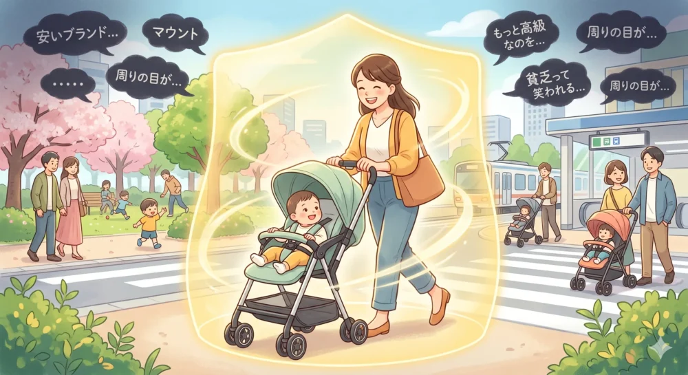 周囲のマウントを気にせず、自分の選んだベビーカーで自信を持って育児を楽しむ母親のイラスト