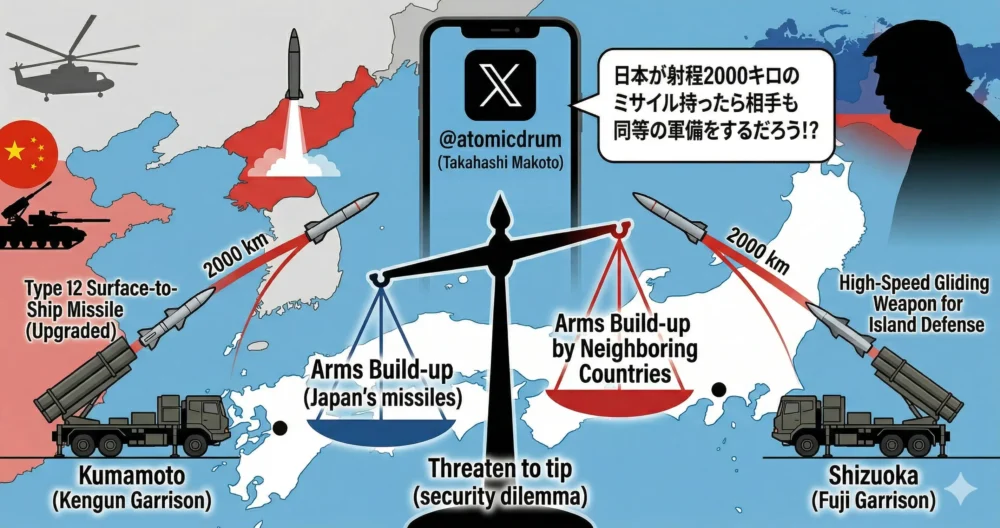 日本地図を背景に、熊本と静岡への長射程ミサイル配備、国際的な緊張感、そして安全保障のジレンマを表現したインフォグラフィック風イラスト。スマートフォン画面には高橋まことのXでの発言が表示されている。