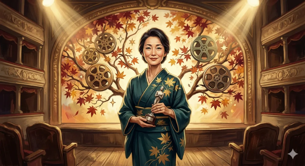 「年を重ねるのが楽しみ」という哲学を体現する、自信と内面の美しさに満ちた実力派女優のポートレートイラスト。年齢（40代）をポジティブに捉える。