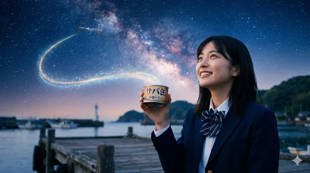 月9ドラマ「サバ缶、宇宙へ行く」の世界観。制服姿の生徒がサバ缶を持ち、宇宙を見上げるイメージ