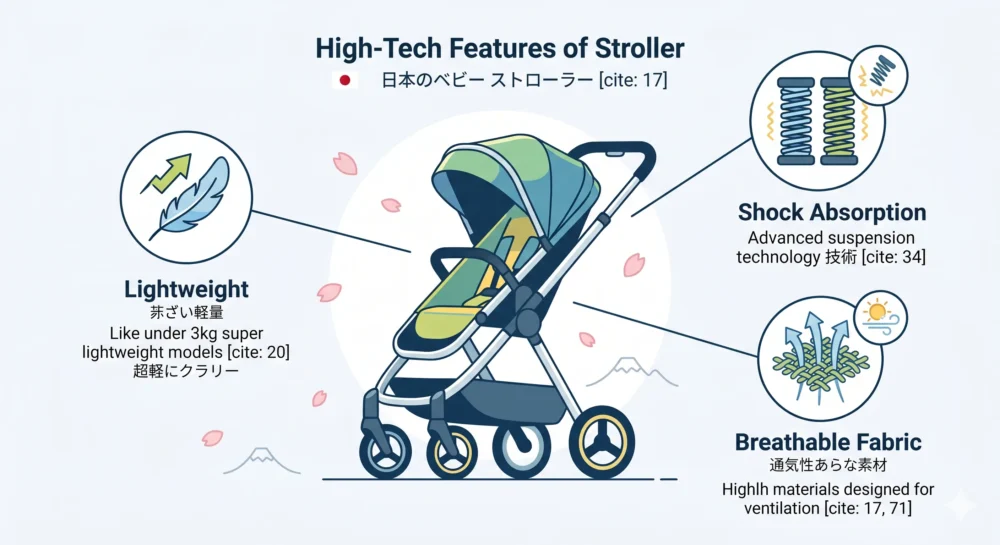 アップリカやコンビなど国産ベビーカーの機能性（軽量・振動吸収・通気性）を説明する図解イラスト