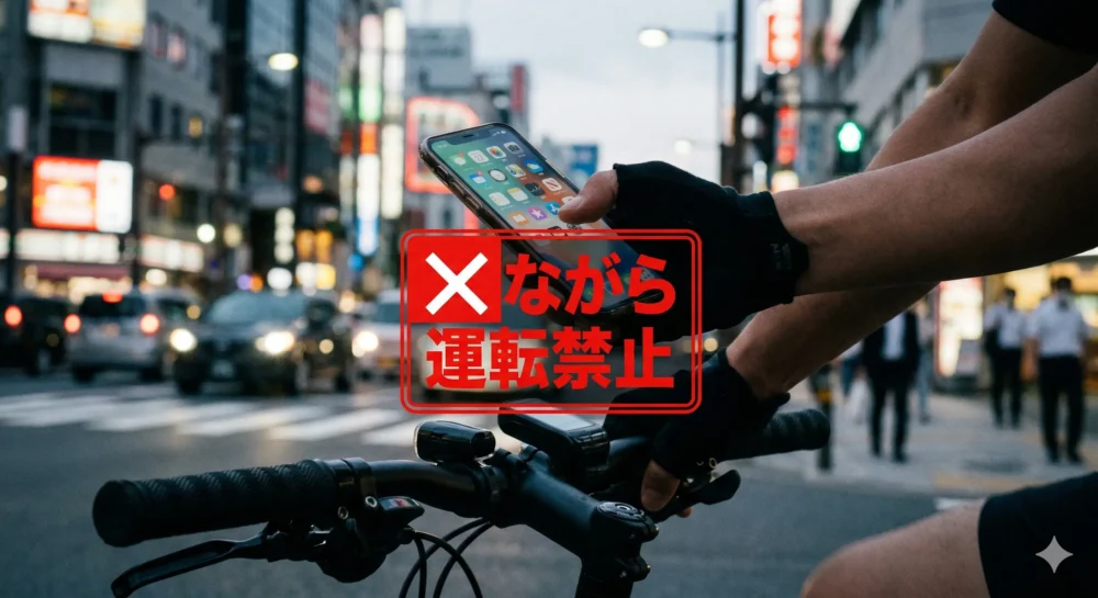 自転車のハンドルに取り付けられたスマホを操作する手元と、重なる「ながら運転禁止」の警告表示。2024年11月改正道路交通法の罰則強化をイメージ。