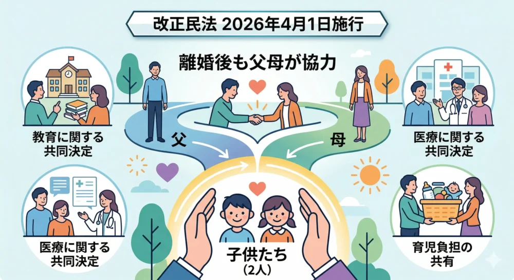 改正民法（2026年4月1日施行）の共同親権制度を図解。離婚後も父母が協力して2人の子供を育てる「新しい家族のかたち」のイラスト。