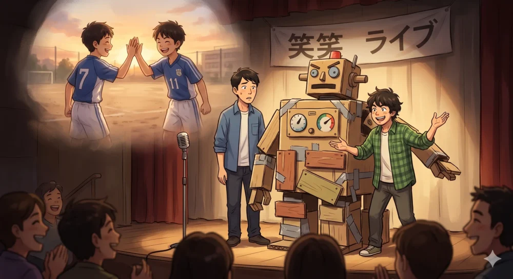 中学サッカー部からの絆と、カゲヤマ独自の小道具コントスタイルをイメージしたイラスト