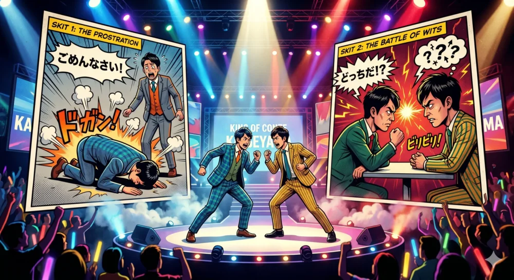 キングオブコント2023で準優勝し脚光を浴びたカゲヤマの2本のネタをイメージしたイラスト