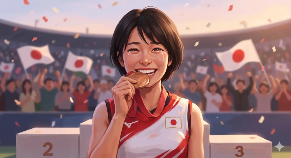 2012年ロンドンオリンピックで銅メダルを獲得し笑顔を見せる狩野舞子さんのイメージイラスト