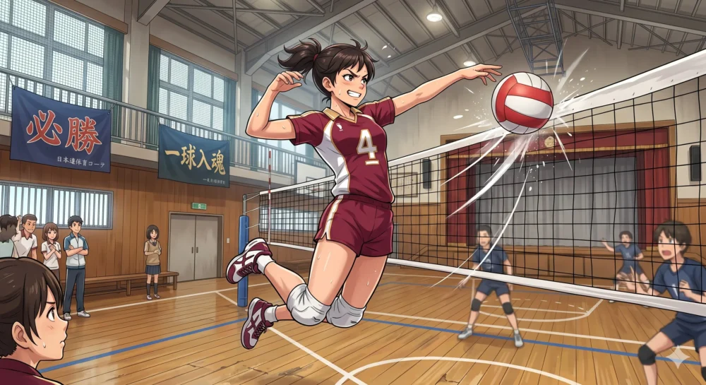 狩野舞子さんの出身校である八王子実践高校時代のバレーボール部での活躍をイメージしたイラスト
