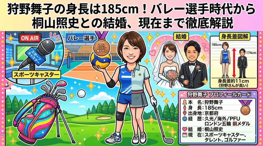 狩野舞子の身長185cm、バレーボール経歴、桐山照史との結婚、引退後の活動（キャスター・ゴルフ）まで網羅的に解説するブログ記事のアイキャッチイラスト