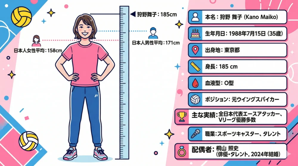 狩野舞子の身長185cmと基本プロフィール(出身地、生年月日、経歴、配偶者など)を解説する、日本人平均との比較図付きイラスト
