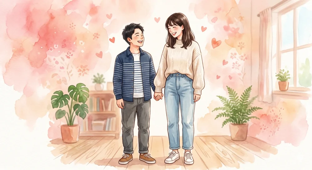 狩野舞子さんと桐山照史さんの結婚と、話題の11cm身長差をイメージした仲睦まじいイラスト