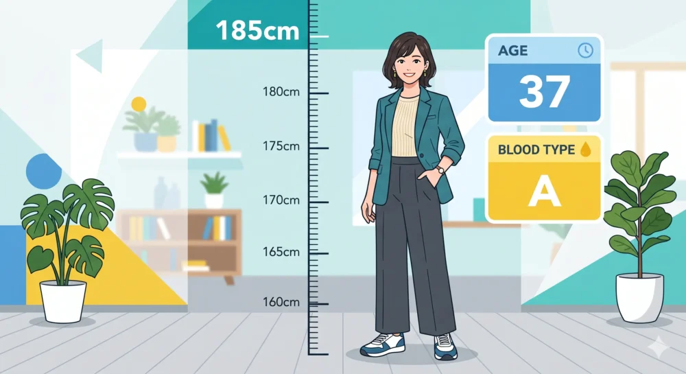 2026年最新の狩野舞子さんの年齢（37歳）と身長185cmのプロフィールを表現したイラスト