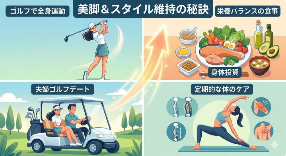 狩野舞子の美脚・スタイル維持法:趣味のゴルフ、栄養バランスの良い食事、体のケア、夫婦ゴルフ