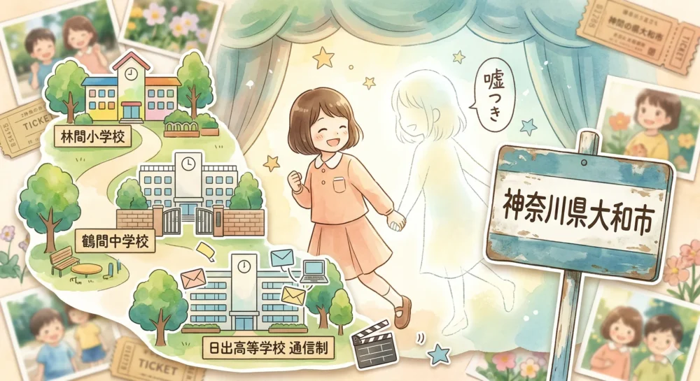 女優の出身地（神奈川県大和市）、学歴、幼少期の思い出（嘘つきエピソード）を描いたコラージュ風イラスト。