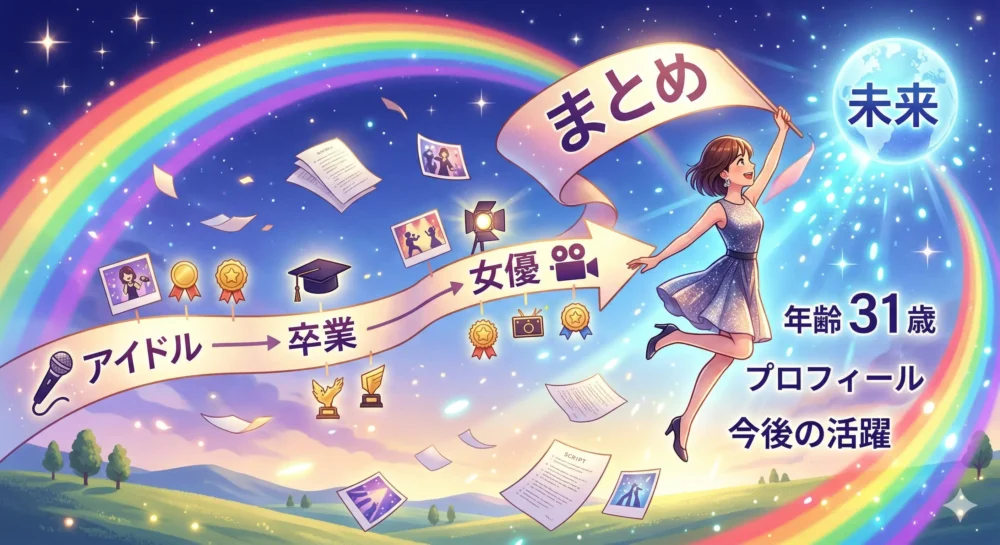 女優の年齢、プロフィールのまとめと、今後の女優としての活躍に期待が高まるイラスト。