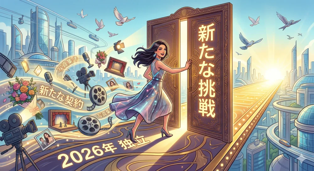 2026年に独立し、新たなステージへ進む女優をイメージした未来志向のイラスト。