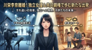 ドラマチックなイラストで描かれた、川栄李奈の離婚と、独立女優・シングルマザーとしての新たな出発を伝えるアイキャッチ画像。タイトル文字、共同親権、独立のキーワードを含んでいる。