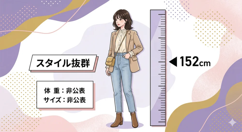 身長152cmと小柄ながら、スタイル抜群であることを表現した女性のスタイリッシュなイラスト。