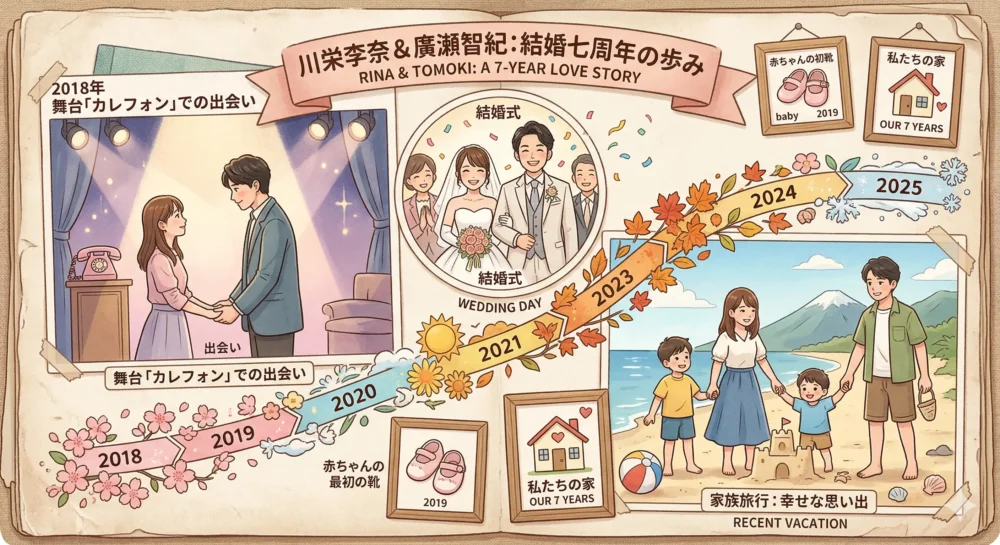 川栄李奈と廣瀬智紀の出会いの舞台、結婚、2人の子供との家族旅行など、7年間の結婚生活の思い出を描いたイラスト。