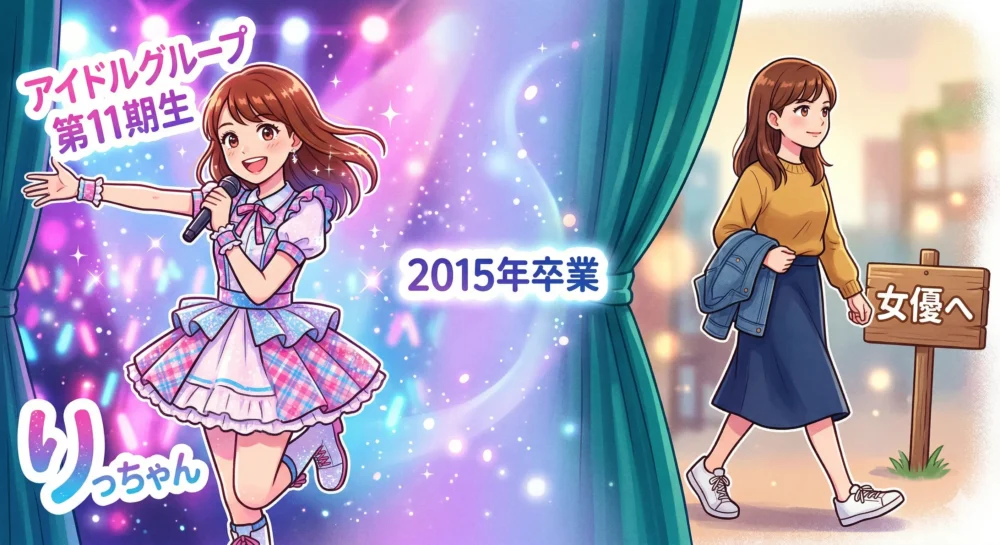 国民的アイドルグループ時代にアイドルとして輝く女性と、卒業、女優への転身をイメージしたドラマチックなイラスト。