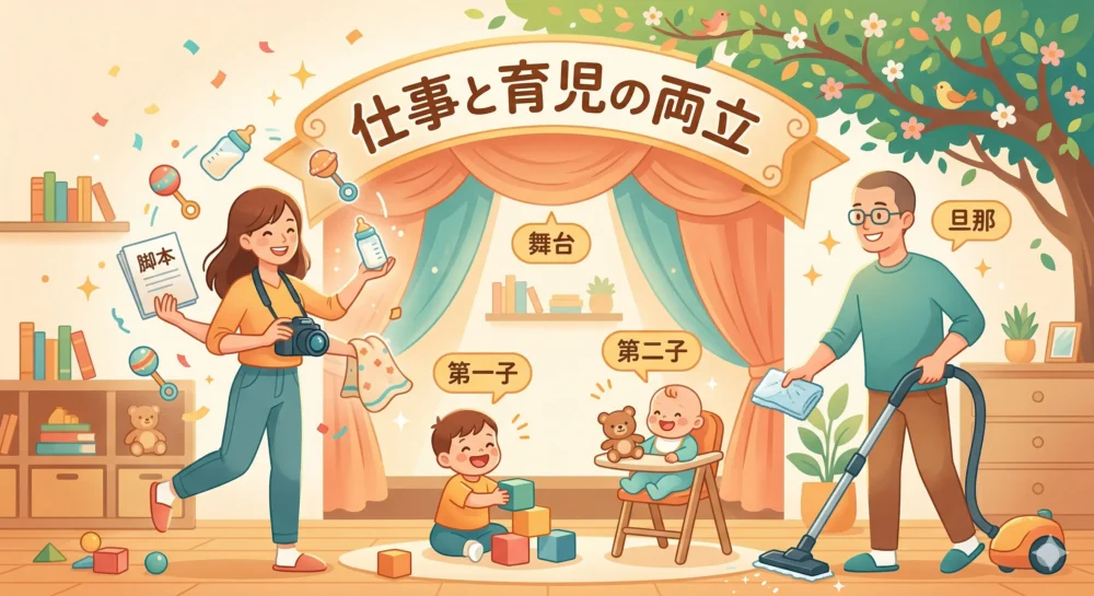 夫と2人の子供に囲まれ、仕事と両立する幸せな女性をイメージした温かいイラスト。