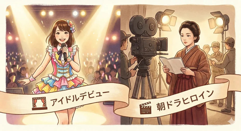 AKB48のアイドル衣装から実力派女優の演技シーンへ、川栄李奈のキャリアの歩みを表現したイラスト。アイドルのマイクと女優の台本が対照的。