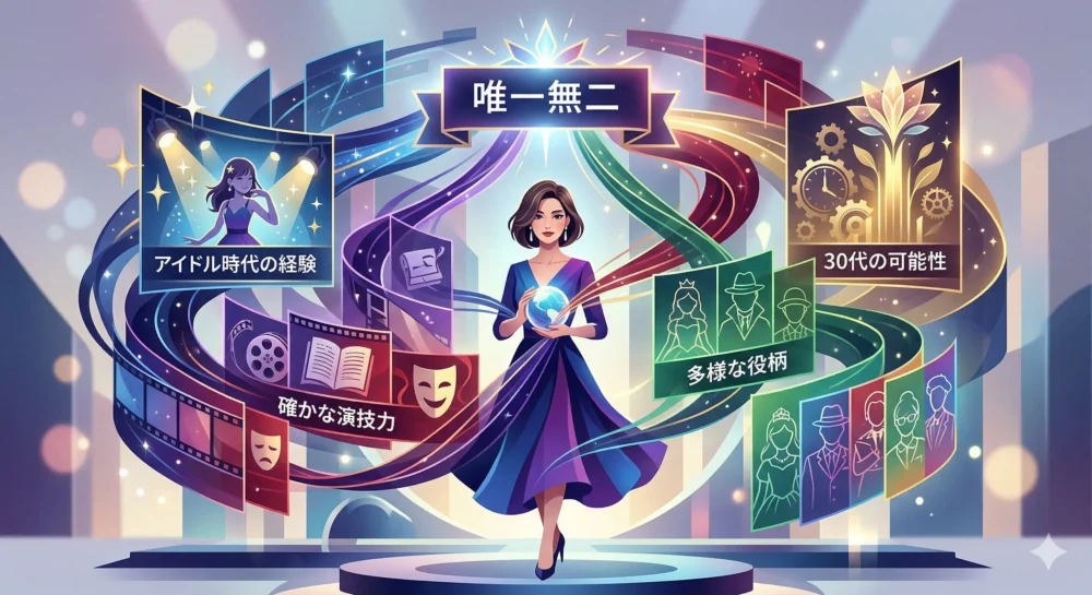 アイドル経験を活かした確かな実力や、多様な役柄、30代の期待など、実力派女優の「唯一無二」の魅力を深掘りするイラスト。