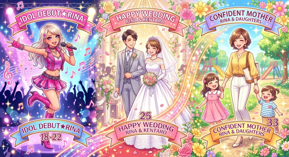 木下優樹菜のデビューからママタレントとしての活躍までの歩みを描いたイラスト